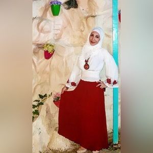 White bell sleeve blouse with red embroidery